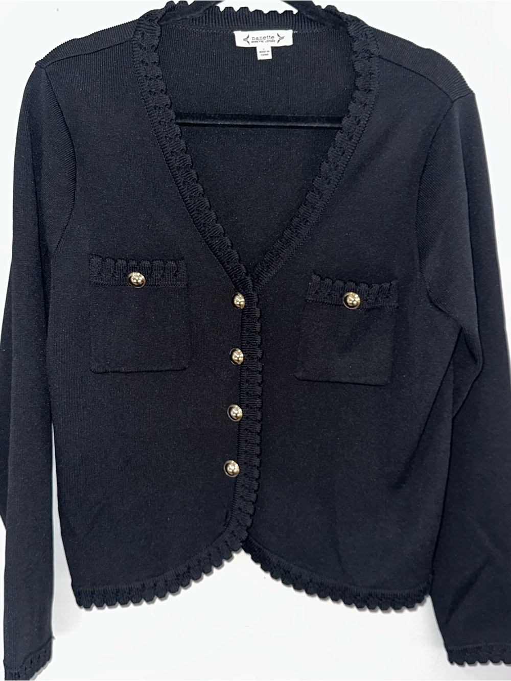 Nannette Lepore black knit scallop-trim cardigan jacket